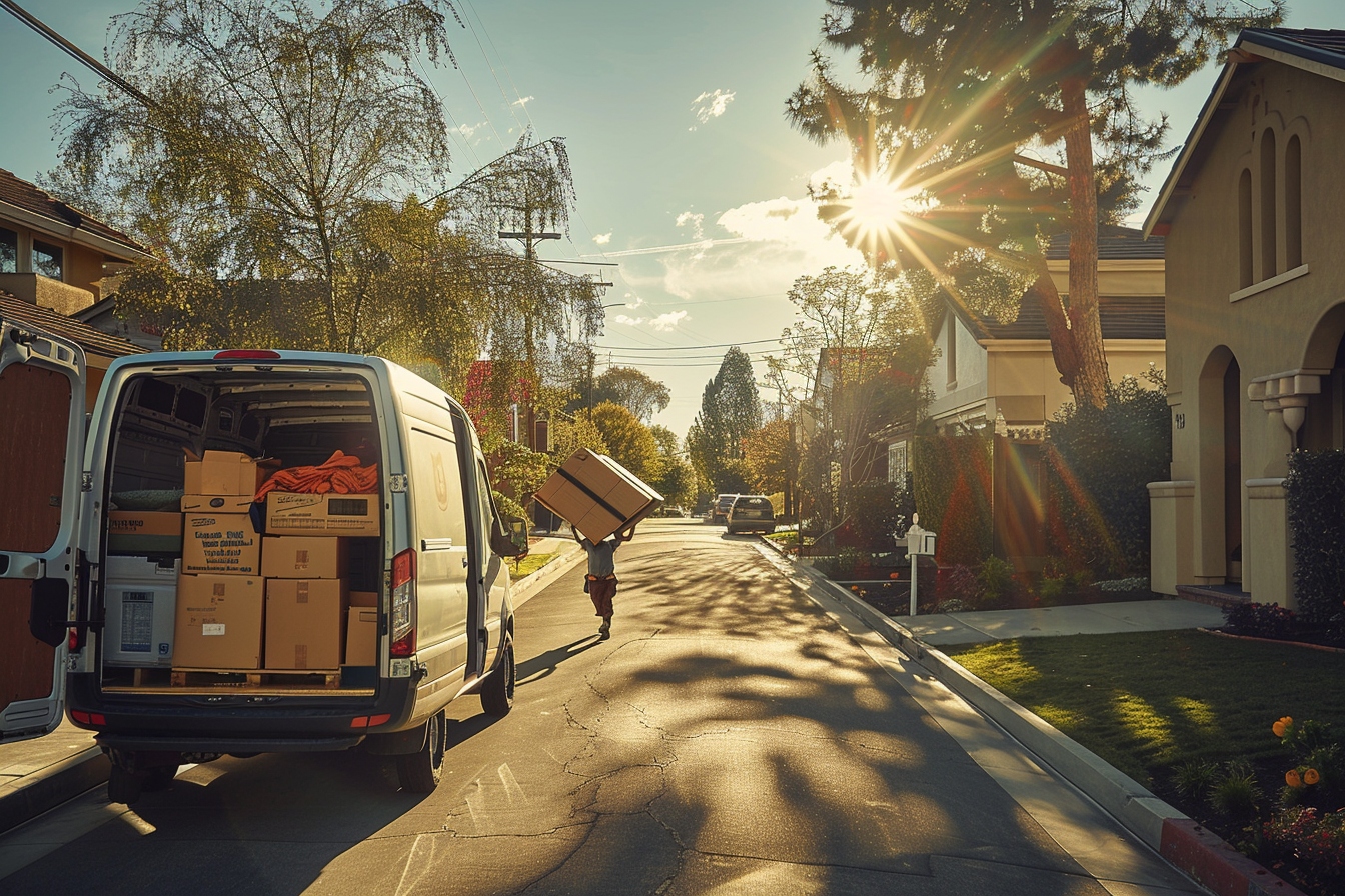 Déménagement innovant sans carton à Sarcelles, illustrant des personnes utilisant des solutions alternatives durables pour emballer et transporter leurs affaires efficacement.