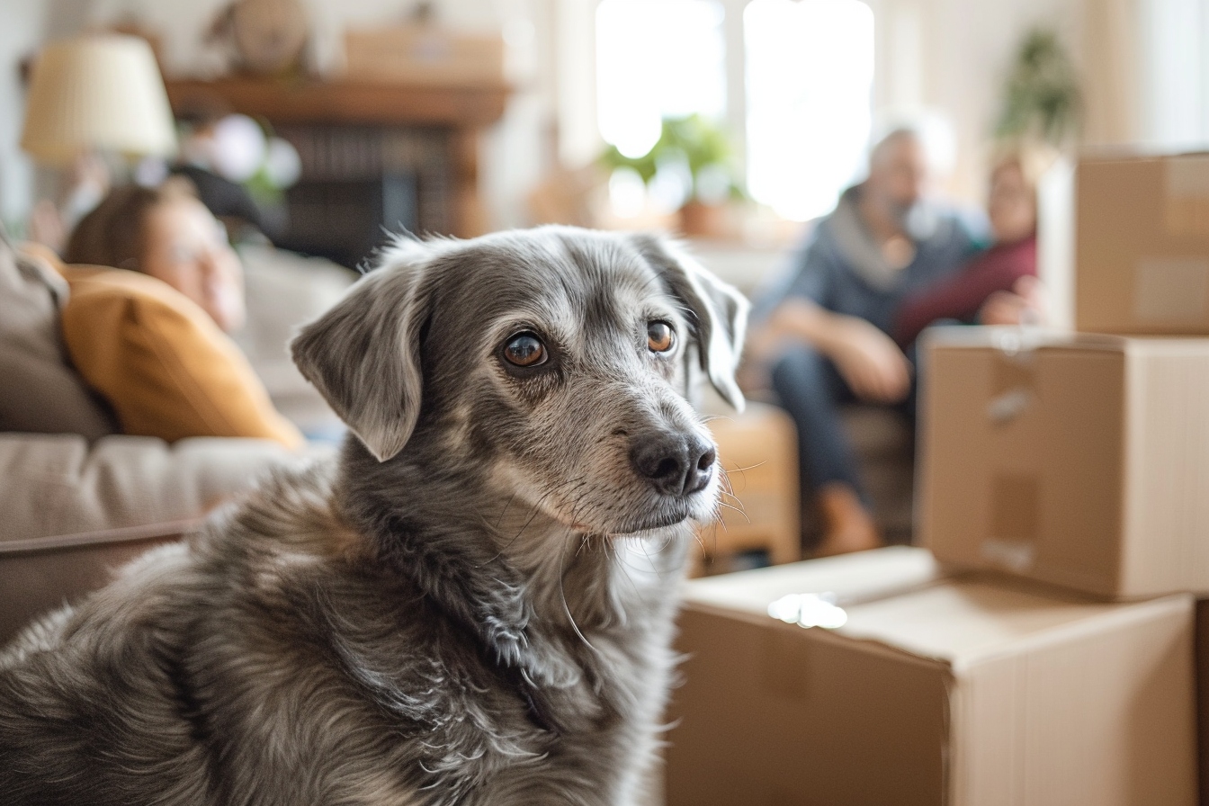 Vieux chien heureux explorant son nouveau foyer à Sarcelles après un déménagement sans stress